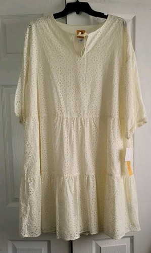 Ruby Rd Split Neck Eyelet Dress Tunic Plus Size 1 X Linen White Cream $83