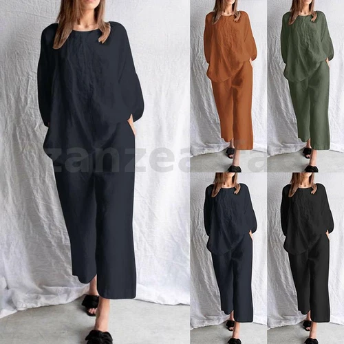 ZANZEA UK Womens Cotton Tracksuit Suit Sets Casual Loose Shirt Trousers Outfits - Picture 2 of 20