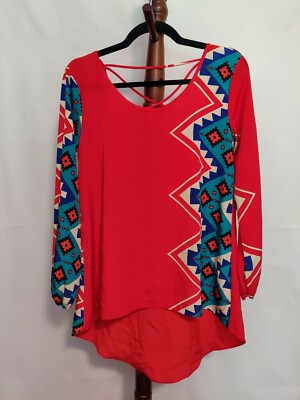 Moa Moa size M women top red multicolor aztec LS scoop neck