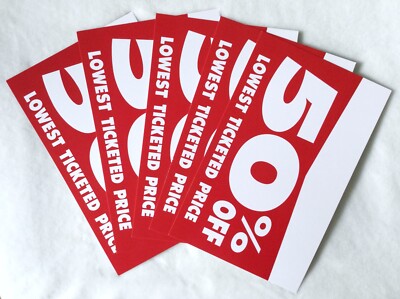 5 Ct  Retail Store Sale Signs Red and White 50 Percent Off Lowest Ticketed Price