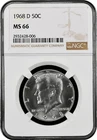 1968-D  KENNEDY  US Half Dollar,   MS66 by NGC,   an EXQUISITE looking coin!!!!