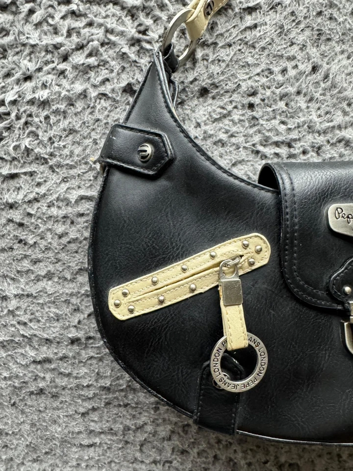 Pepe Jeans London Y2K Womens Studded Zip Pockets Leather Handbag Black — 第 3/4 张图片