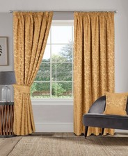 Buckingham Traditional Damask Design Pencil Pleat Lined Curtains in Gold Sundour