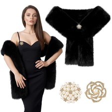 Geyoga 3 Pcs Long Women's Faux Fur Collar Scarf Wrap Pearl and Rhinestone