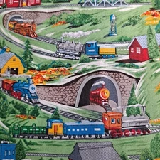 Vintage Cotton Fabric 1 Yd X 44" Railroad Train Landscape Scene“Fit to Print Inc