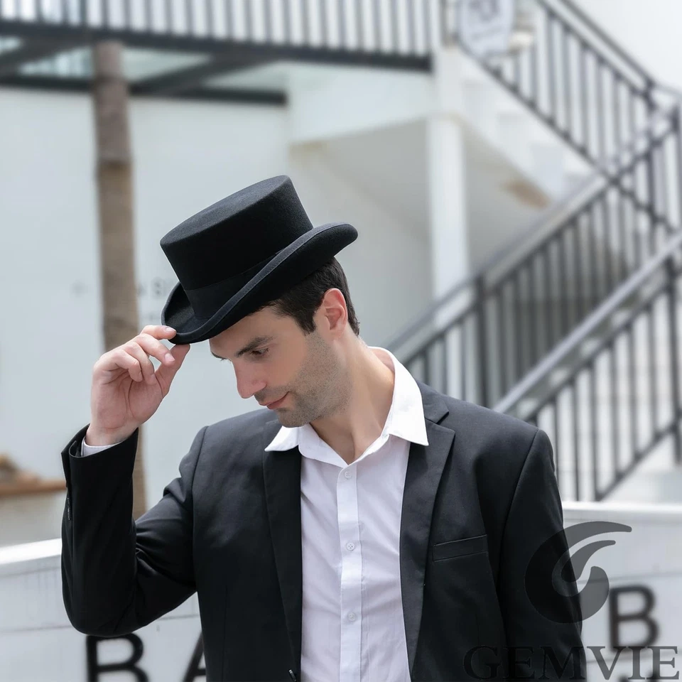 GEMVIE Hombres 100% Lana Sombrero de Top Sombrerero Loco Satinado Forrado Negro Sombreros de Parte Superior Baja para Pa... Foto 2 de 4
