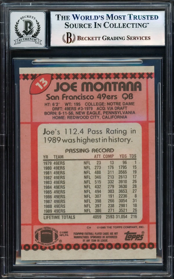 SALE! Joe Montana Auto 1990 Topps Card 13 San Francisco 49ers Auto GM 10 Beckett - Image 2 of 2
