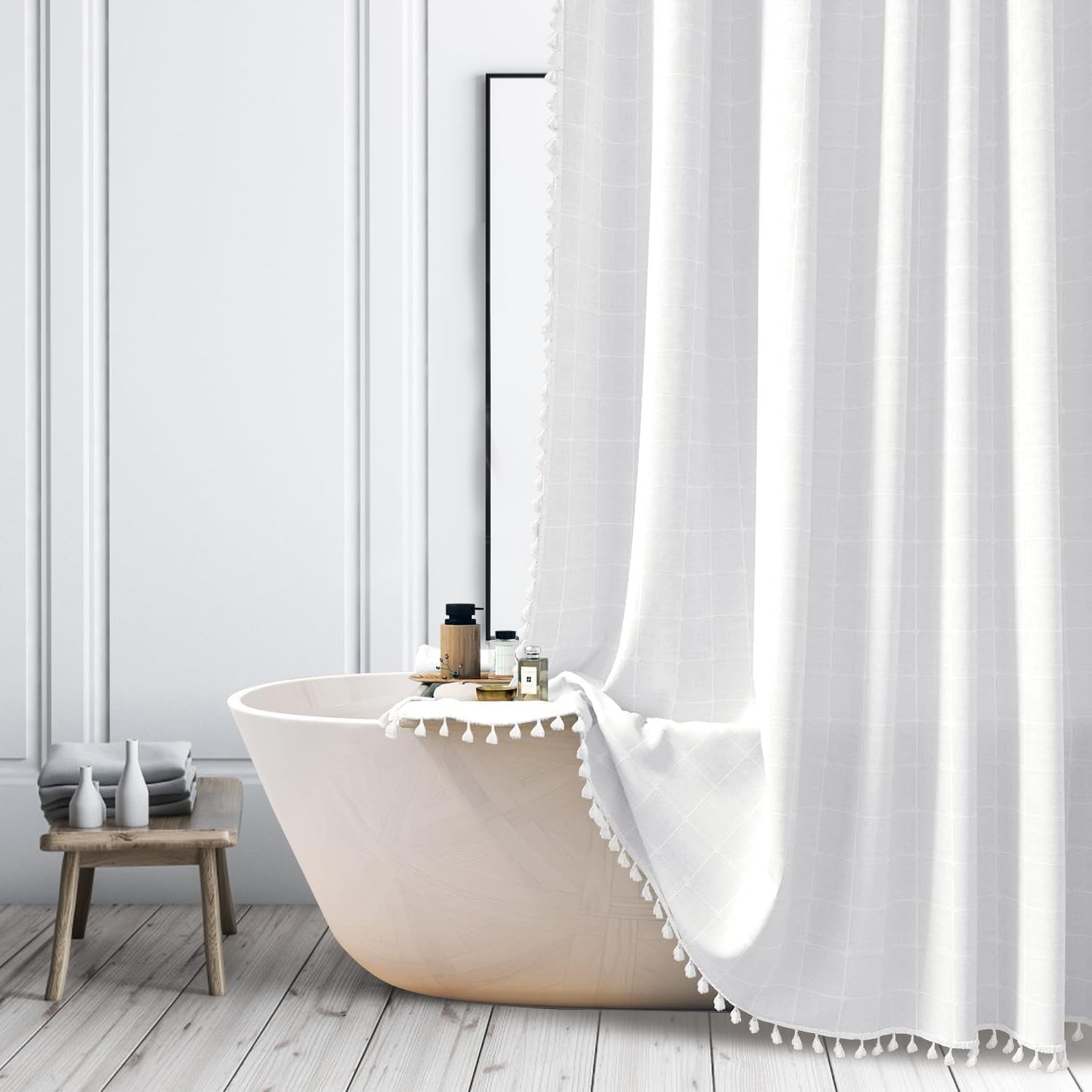 Rideau de douche haut de gamme effet lin texturé blanc bohème pour cabine