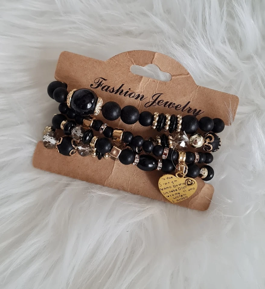 Damen Armband Set 4 Stück Schwarz Gold Perlen Herz Charm Elastisch Geschenk - Bild 3 von 4