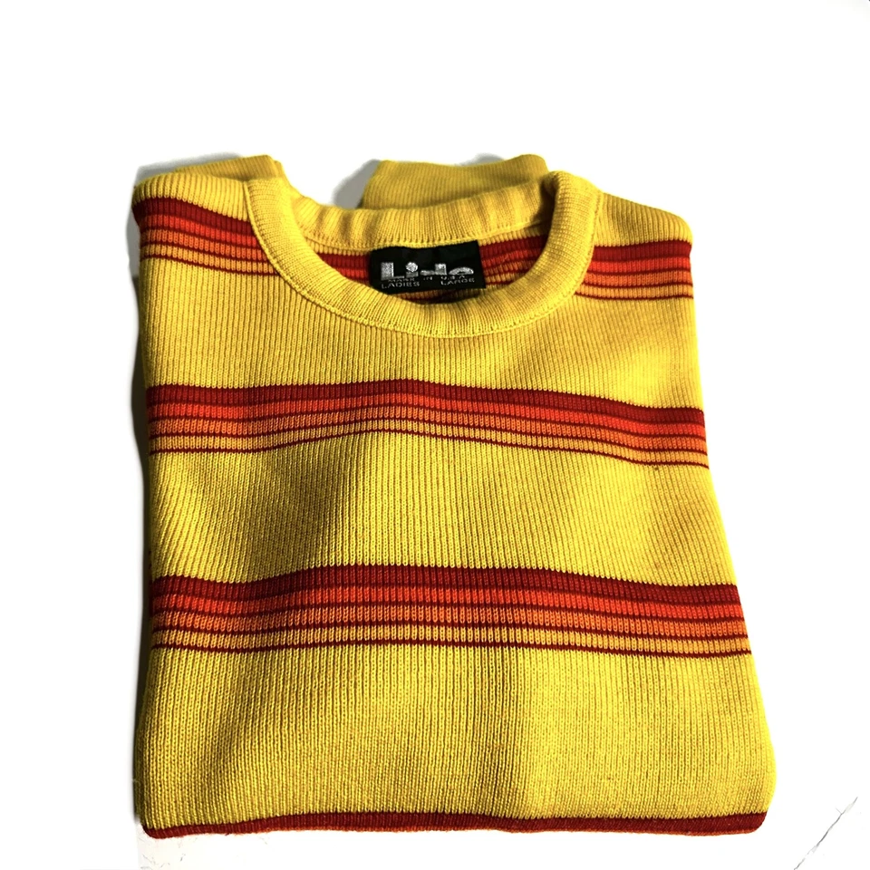 Vintage Lido Womans Ski Sweater Sz L Runs Small Yellow Stripe FLAW Made in USA - Image 2 of 4