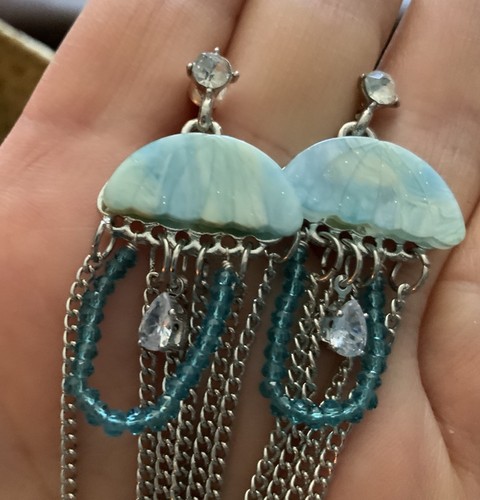 Free People Jellyfish Earrings Silver CZ Chain Nautical Tassel BeadBoho Seed - Picture 5 of 6