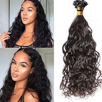 Pre Bonded Flat Tip Human Hair Extension Water Wave Keratin Fusion Hair 100pcs