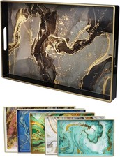 Black marble pattern decorative tray with handle, 15.7 in × 10.2 in× 1.38 in