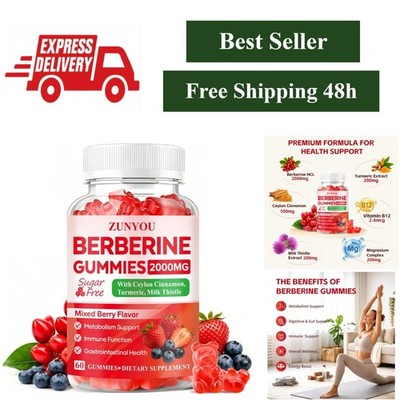 ZUNYOU Berberine Gummies 2000mg with Ceylon Cinnamon, 60 Count