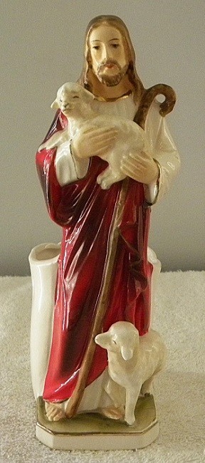 Vintage Jesus with Lambs, Sheep, Religious Artmark Japan 8" Tall Vase