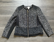 Chicos Pieced Jacquard Zipper Jacket Black Gold Metallic Size 1 Medium/8 NWT