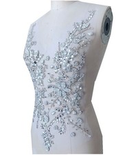 Handmade Beaded Silver Crystal Bling Sew On Bridal Rhinestone Applique Motif ...