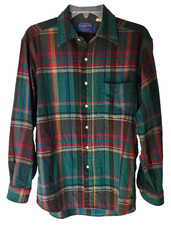 VTG Pendleton 100 Wool Green/Red Plaid Flannel Shirt 70's Made in USA Men's M