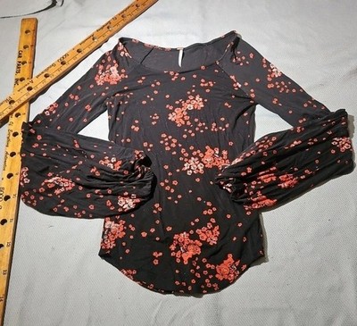 Free People Shirt Womens Sz Large Black To The Tropics Blouson Sleeve Floral