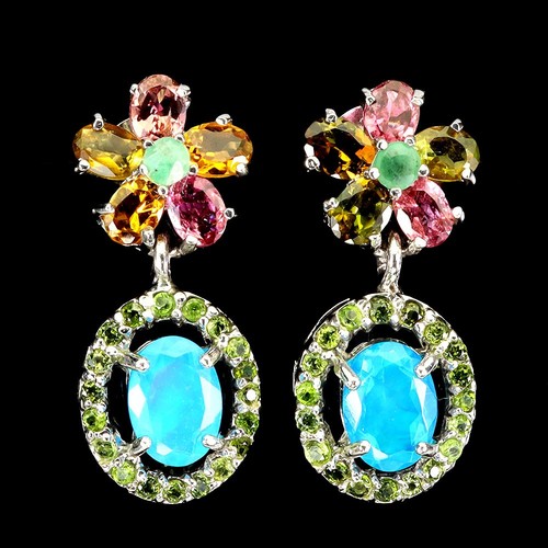 925 Sterling Silver Earrings Oval Blue Opal 7x5mm Emerald Tourmaline Gemstone