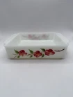 Vintage Fire-King Anchor Hocking 8” Floral Baking Dish Red Flowers Milk Glass