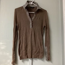 Goode Rider Equestrian Women’s Top Size Large Brown 1/4 Button Wool Collared