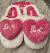 Barbie Pink Heart Fuzzy Slippers  Women  s 6.5  7.5 Plush Cozy Memory Foam Shoes