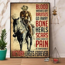 Cowboy Riding Horse Pain Is Temporarily Victory Lasts Forever Paper Poster, C...