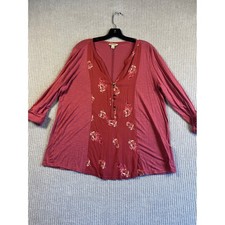 Lucky Brand Womens 1X Pink Floral Mixed Media Roll Tab Sleeve Boho Top