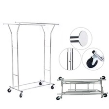 Collapsible Dual Hangers Stand Clothing Rack Double Wheel Garment Adjustable