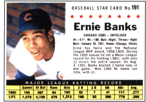 2022-1961 Cereal Card - #191 Ernie Banks-Chicago Cubs
