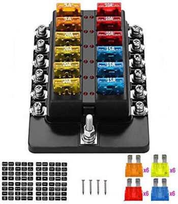 12-Way Blade Fuse Box Block With LED Indicator – 12V-32V, 100A Max, For Car, Boat, Bus
