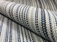 Designer Aqua Navy Blue Cream Stripe Linen Upholstery Fabric
