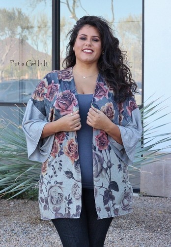 Womens GRAY FLORAL KIMONO WRAP CARDIGAN 