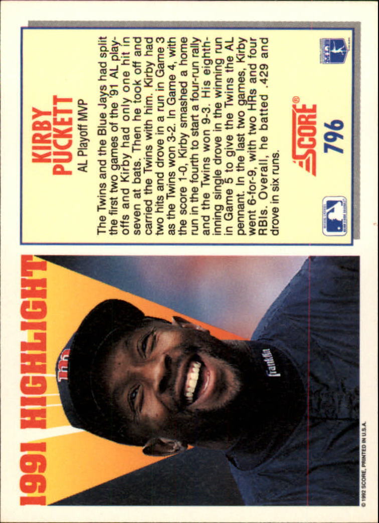 1992 Score #796 Kirby Puckett HL - NM-MT | eBay