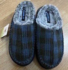 NWT Kuailu Slippers Women Sz 8 Clog Slip On Blue Plaid Memory Foam Faux Fur