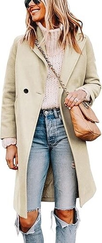 Tanming Women's Notch Lapel Double Breasted Wool Blend Mid Long Pea Coat Sz M - 第 1/5 張圖片