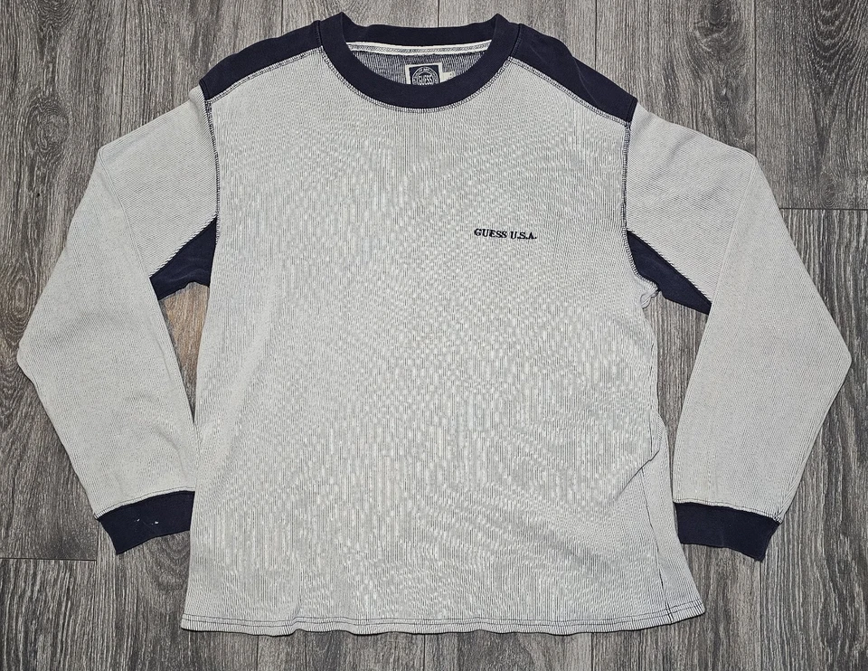 Vintage Guess USA Thermal Long Sleeve T Shirt Milk Navy Blue Men's Size Lrg RARE - Image 2 of 4