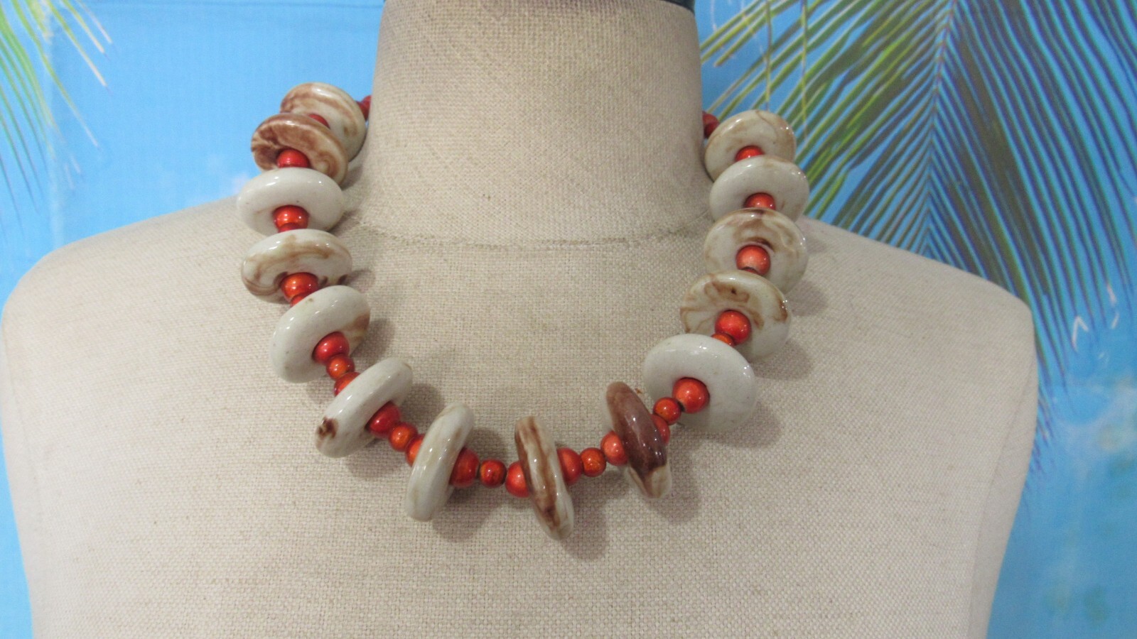 Brown & White Clay Disk Necklace with Orange Beads 20