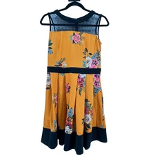 Smak Parlour Yellow Floral Mesh Neckline Fit Flare Dress Women's Size M