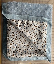 Minky Couture Baby Blanket Blue Brown Dot Satin Rosette Minky Security 28x35