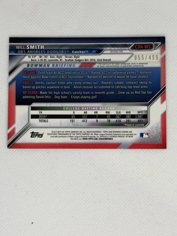 2016 Bowman Draft Chrome Draft Pick Auto Will SmithCDA-WS Refractor /499(AU, RC) - Image 2 of 4