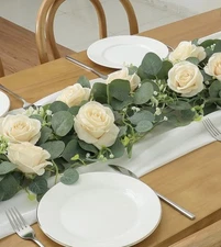 Artificial Eucalyptus Garland with Off White Roses, 6ft