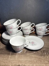 Empress China Rosetta Japan 1961 6oz- 7 Tea Cup 6 Saucer Plate Set Roses Pink J1