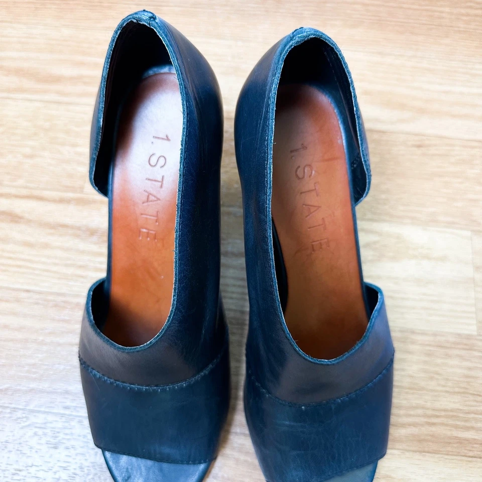 1.State Amble D'Orsay Estilo Puntera Abierta Madera Bloque Tacón Cuero Puntera Abierta Bomba Foto 3 de 4