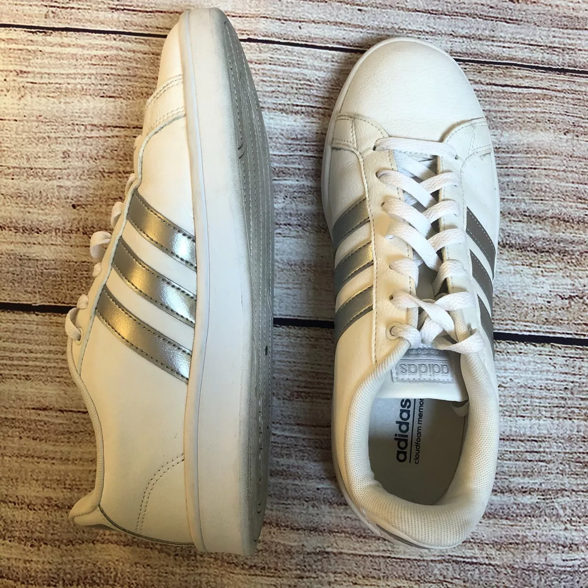 Adidas Neo Cloudfoam White Silver Leather Sneakers Women s 9 eBay