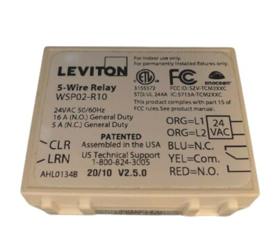 Leviton WSP02-R10 | 5-Wire 300W Relay Receiver | 24VAC 16A (N.O.) 5A (N.C.)