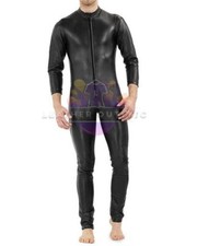 MEN'S GENUINE SOFT BLACK LEATHER CATSUIT JUMPSUIT FRONT ZIPPER OVERALL BODYSUIT