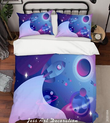 3D Rocket Space Illustration Quilt Cover Set Bedding Sets Pillowcases Queen 64