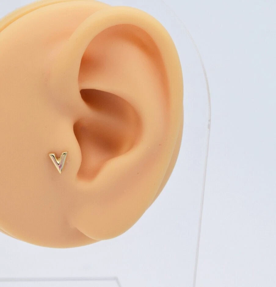 14K Solid Gold V Initial Shape Nose Piercings Barbell For Women 18 Gauge. - Image 2 of 4